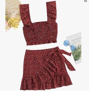 Burgundy Red & White Heart Print Smocked Ruffle Crop Top & Skirt 2 Pc Co Ord Set